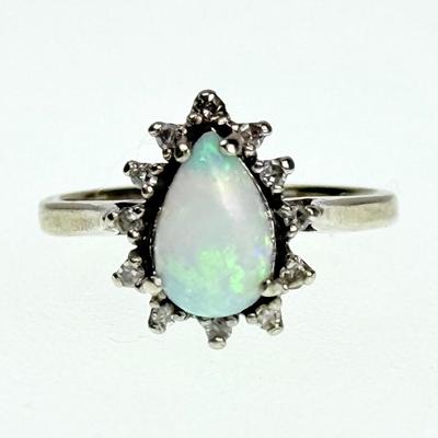 14K White Gold Opal with Diamond Halo Ring - Size 6