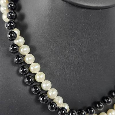 Onyx & Pearl Necklaces With Marked 14K Gold Clasps - 17" & 18"