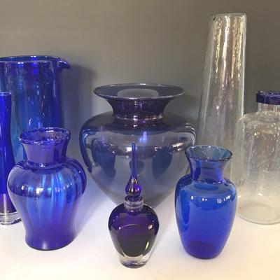 Selection Of Cobalt And Clear Glassware Vases, Pitchers And Perfume Bottle