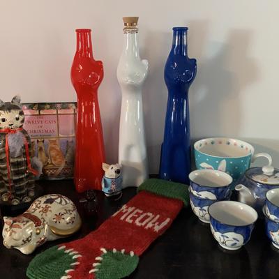 Cat Themed Collectibles with Decanters, Tea Sets, Etc.