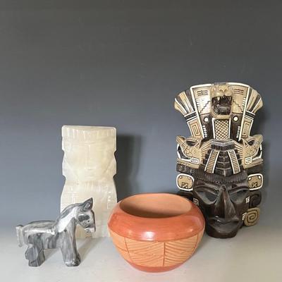 Signed Pueblo Pot with Mexican Onyx and Ceramic Sculptures 