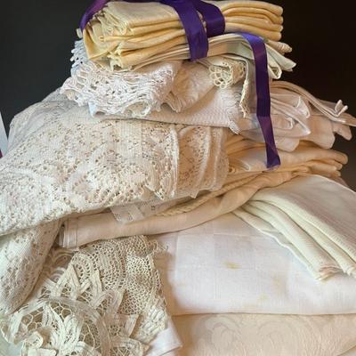 Vintage White and Off White Table Linens with Embroidered Pillowcases