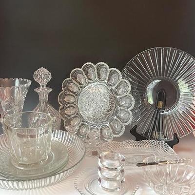 Vintage Clear Glass Tableware with Mikasa Candleholders and Hobnail Deviled Egg Platter