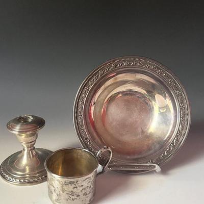 Sterling Child’s Cup and Weighted Sterling Candleholder with Wallace Silverplate Bowl
