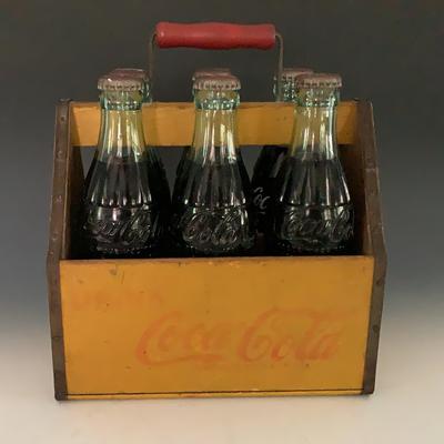 Vintage Coca Cola Wooden Six Pack Carrier With Unopened Coke Bottles