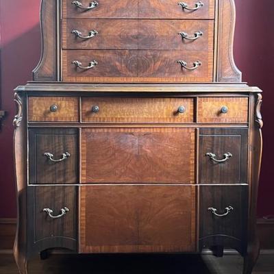 French Provincial Walnut Burl Highboy Dresser