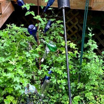 Yard Decor With Cast Metal Bottle Tree, Figures, Glass, Etc