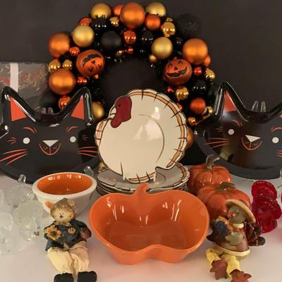 Halloween & Thanksgiving Decor with Turkeys, Wreath, Black Cats, Etc.