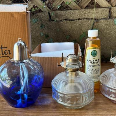 Glass Oil Lamps (3) With New Boxed H. Potter Blue & Vintage Lamplight Farms