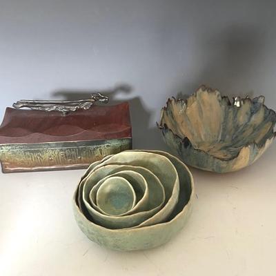 Signed Bronze and Wood Box and Signed Ceramic Bowls