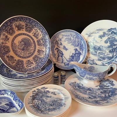 Collection of Blue and White China Tableware with Spode and Wedgwood 