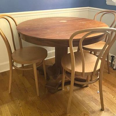 Oak Pedestal Table with Three Bentwood Chairs