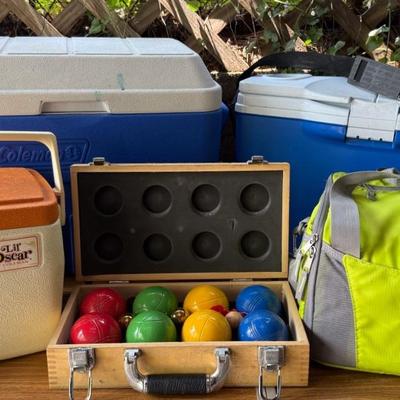 Outdoor Camping Coolers With Hard & Soft Sided Bags, Plus Brand New Bocce Ball Game