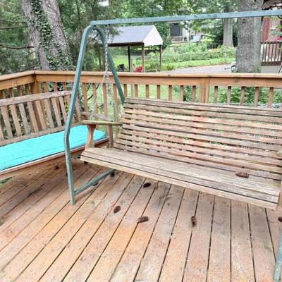 Rustic Wooden Porch Swing With Metal Stand & Farmhouse Bench