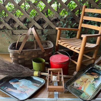 Rustic & Primitive Decor Pieces (10) With Tins, Baskets, Straw Broom