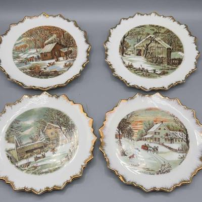 Currier & Ives Winter Scene Decorative Plate Set – Gold Trim – Set of 4