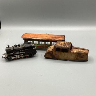 Lot of Vintage Toys– Locomotive, Passenger Car, and Tin Engine Shell
