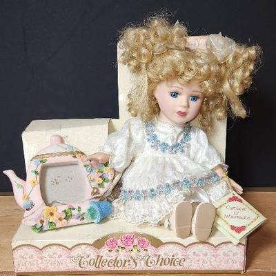 Collectors Choice Porcelain Doll w/Teapot Picture Frame