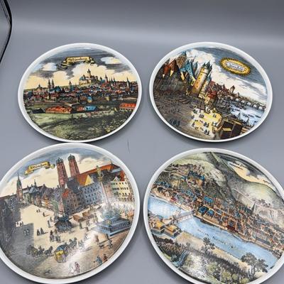 Vintage German Cityscape Wall Plate Set – Küch Hammer – Munich, Nuremberg, Frankfurt, Heidelberg