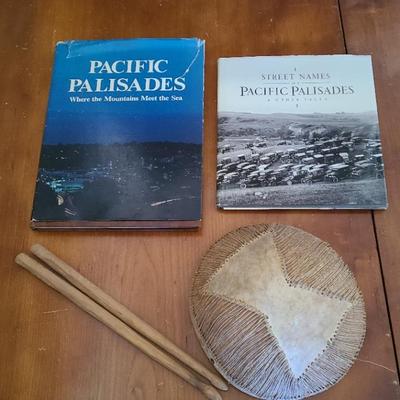Pacific Palisade Signed Books and Authentic Small Rawhide Frame Drum likely Yup’ik or Inuit