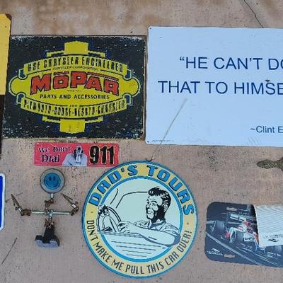 Assorted Metal Signs, Automotive Badges, and Fun Decor