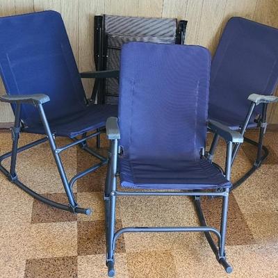 Rocking To The Blues - Trio Of Bold Blue Folding Rocking Chairs With Bonus Buddy