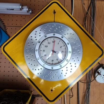 Custom Wall Clock with Racing Brake Rotor and Road Sign Design