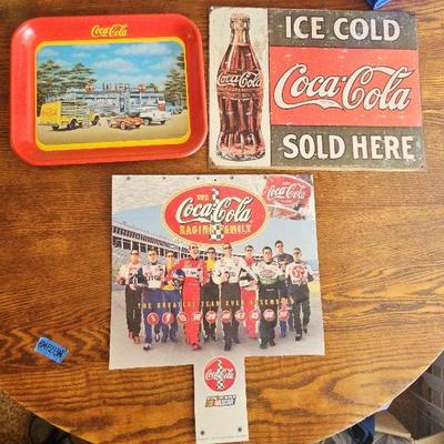Coca-Cola Collectibles with Tray, Tin Sign, and Racing Display