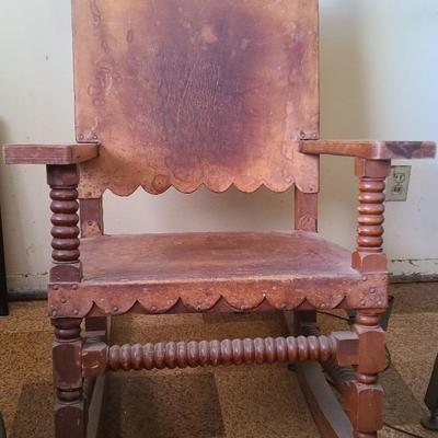 Frontier Charm – Leather and Wood Spindle Rocking Chair