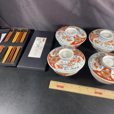 Lot With Oriental Bowls With Lids And 2 Boxes Of Chopsticks