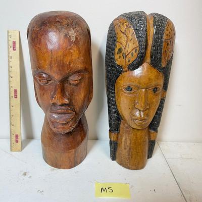 Pair Of Hand Carved Primitive Wooden Busts