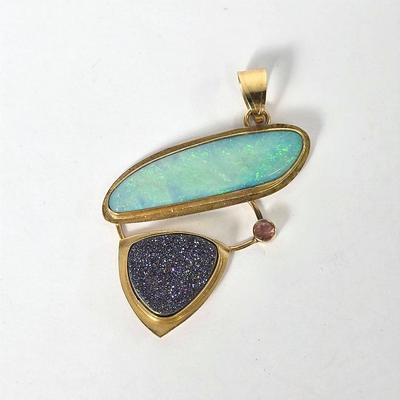 14K Gold Signed Artisan Crafted Opal, Tourmaline & Druzy Pendant