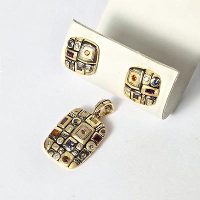 14K Gold Opera D'arte Mosaic Diamond & Gemstone Pendant & Earring Set