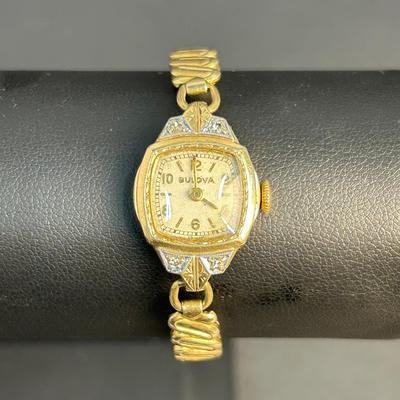 Vintage Bulova 10K Gold Filled & Diamond Ladies Watch 