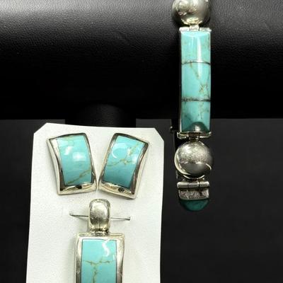 Sterling Silver Turquoise Hued Jewelry: 7.25" Bracelet, Earrings & Pendant