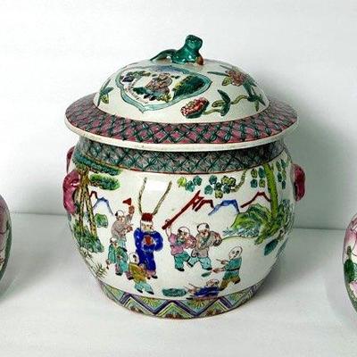 Chinese Ceramic Lidded Jar 9" & Matching 5" Ginger Jars – Vintage