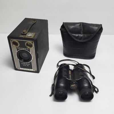 Nikon Travelite III Compact Binoculars With Case & Kodak Brownie Target Six-16 Camera