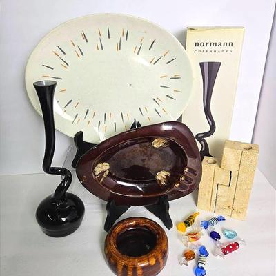 Normann Glass Swing Vase 11.5”h Made In Denmark, Travertine Candle Holders, Glass Candy & More