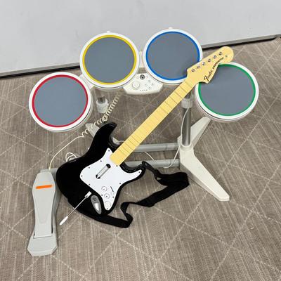 Nintendo Wii Rock Band Bundle – Guitar, Drum Set with Pedal, Cables & Stand