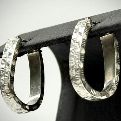 14K White Gold Basket Weave Engraved Hoops