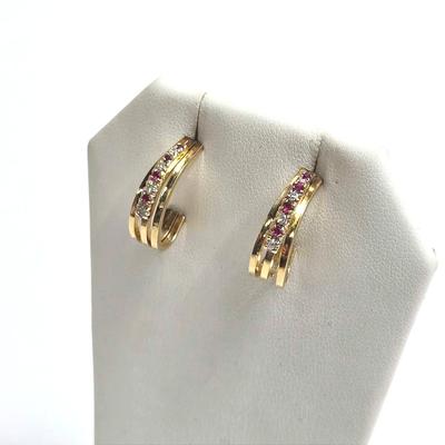 14K Gold Diamomd & Spinel Hoop Earrings