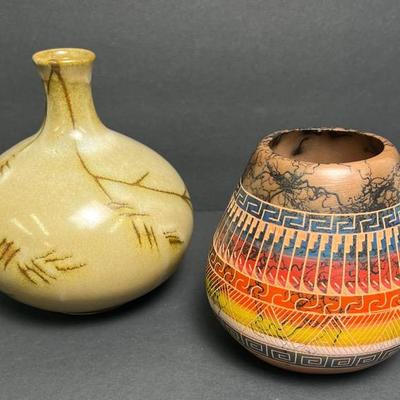 Navajo Horsehair Pottery Vase 5" & Signed Studio Pottery Bud Vase 6"
