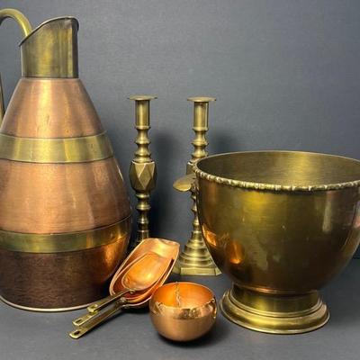 Brass & Copper Decor: 16" Jug, 8" Urn, 11" Candle Holders, More