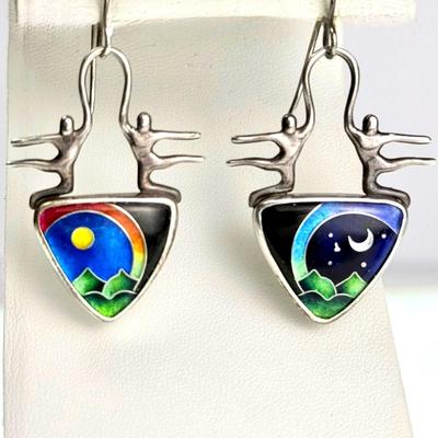 Sterling Stilver Artisan Crafted Signed Ricky Frank Cloisonné Enamel Night & Day Earrings