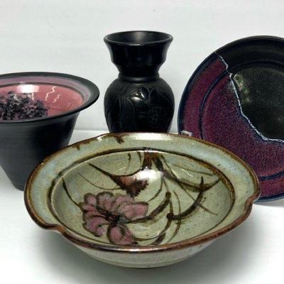 Signed Studio Art Pottery & Scraffito Ceramic Vase
