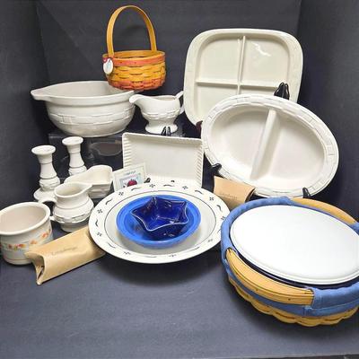 Longaberger Baskets & Ceramics: 5”h Candle Holders, Chip & Dip, Divided Bowl & More