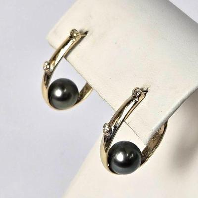 18K Gold Diamond & Tahitian Pearl Hoop Earrings