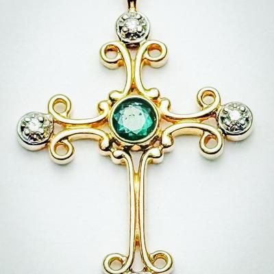 14K Gold Emerald & Diamond Cross Pendant