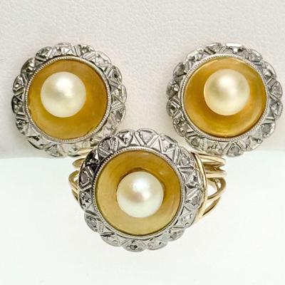 14K Gold 6mm Pearl & Diamond Earrings & Matching Ring - Size 7
