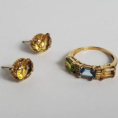 10K Gold Citrine, Topaz & Prasiolite Ring, Size 5.5 & Citrine Earrings